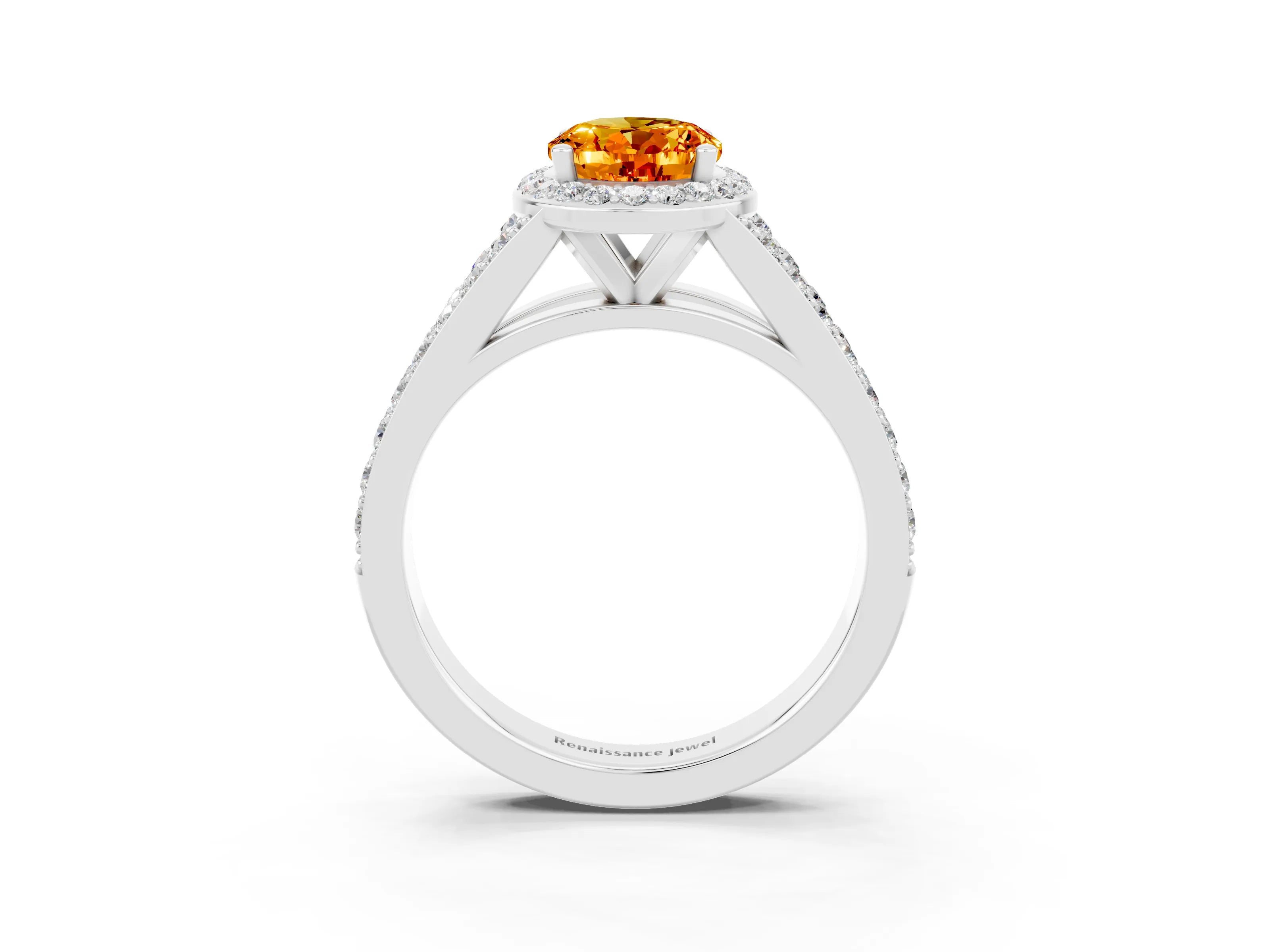 White gold Oval Cut Citrine Split Shank Halo Ring with Four-Prong Setting_27