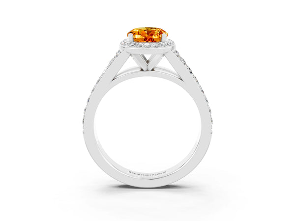 White gold Oval Cut Citrine Split Shank Halo Ring with Four-Prong Setting