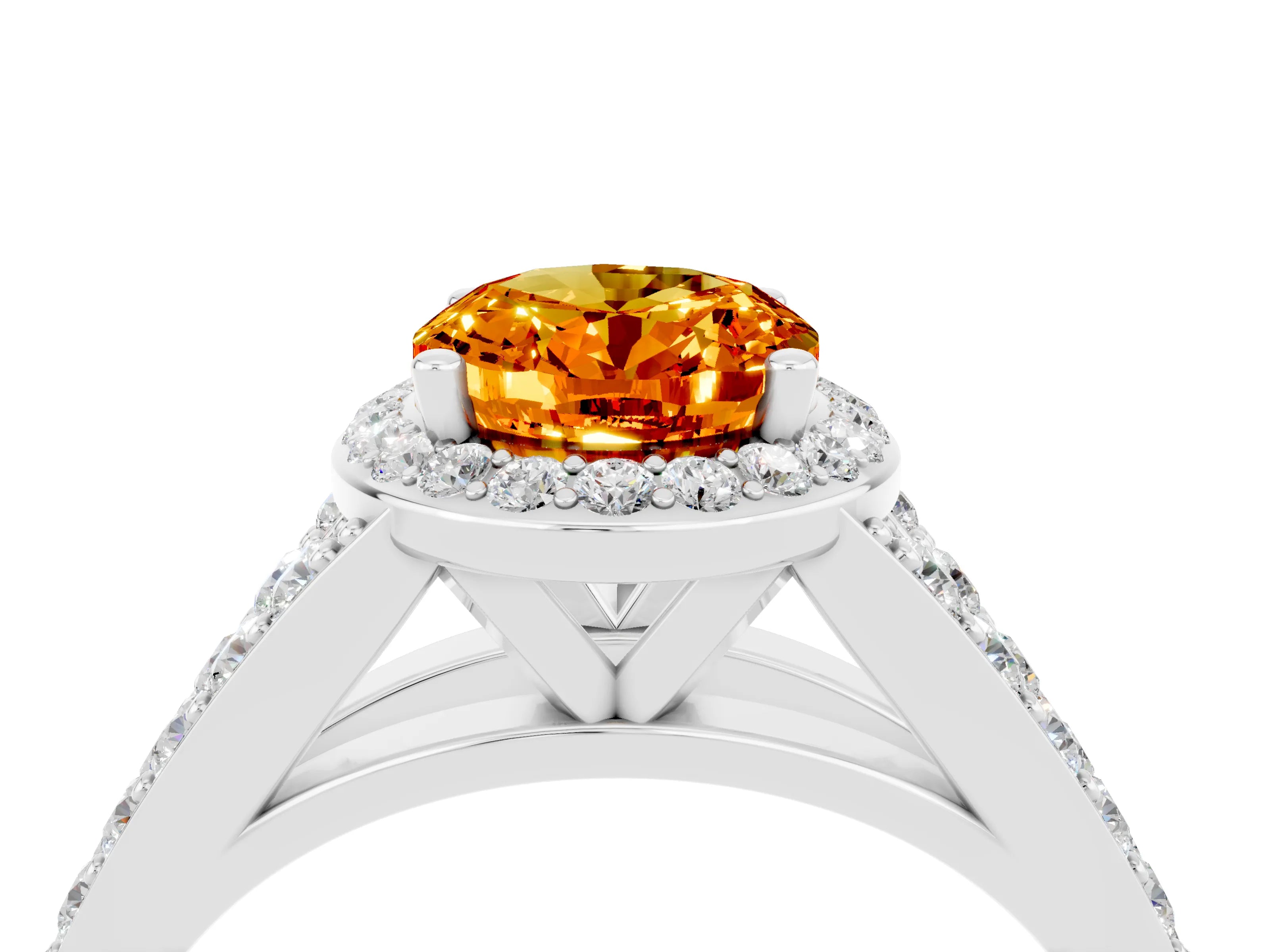 White gold Oval Cut Citrine Split Shank Halo Ring with Four-Prong Setting_28