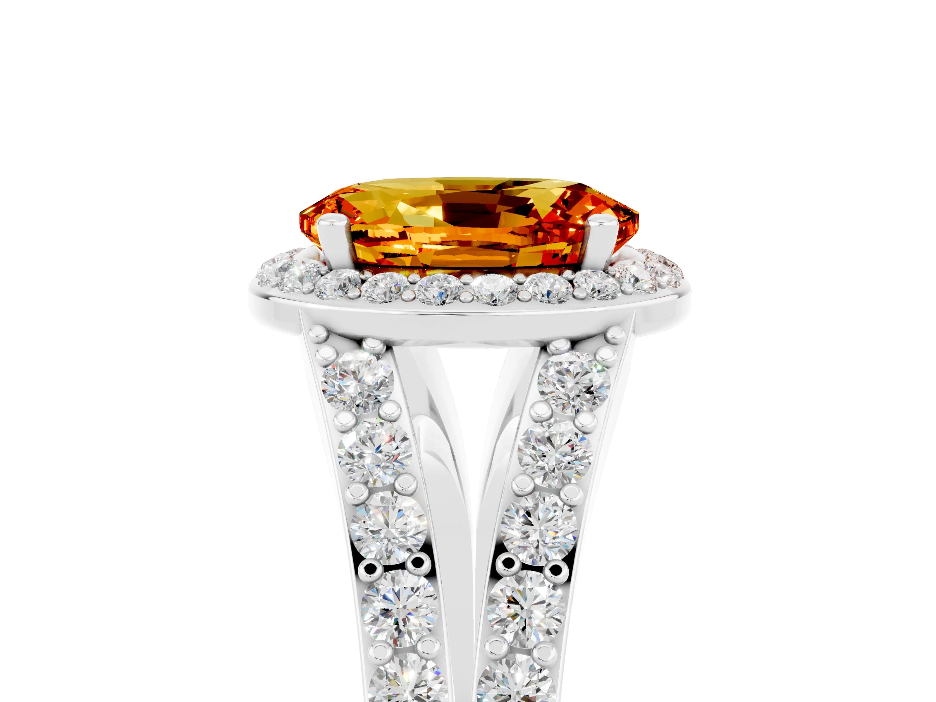 White gold Oval Cut Citrine Split Shank Halo Ring with Four-Prong Setting_29