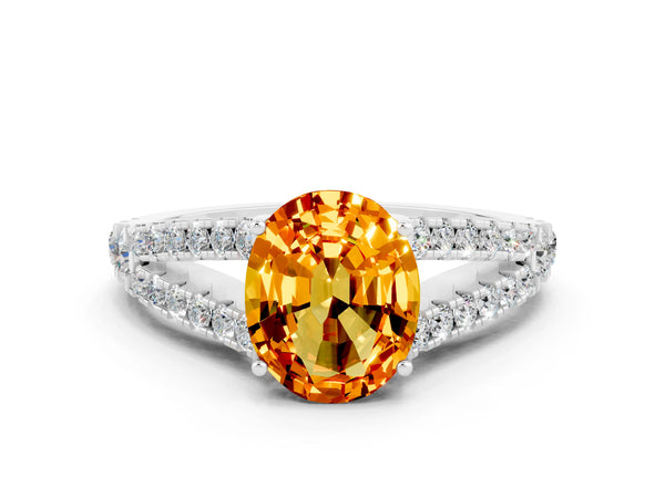 Platinum Oval Cut Citrine Split Shank Pavé Engagement Ring with Four-Prong Setting
