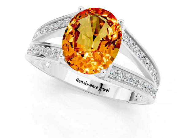 Platinum Oval Cut Citrine Split Shank Ring with Pavé Band and Four-Prong Setting