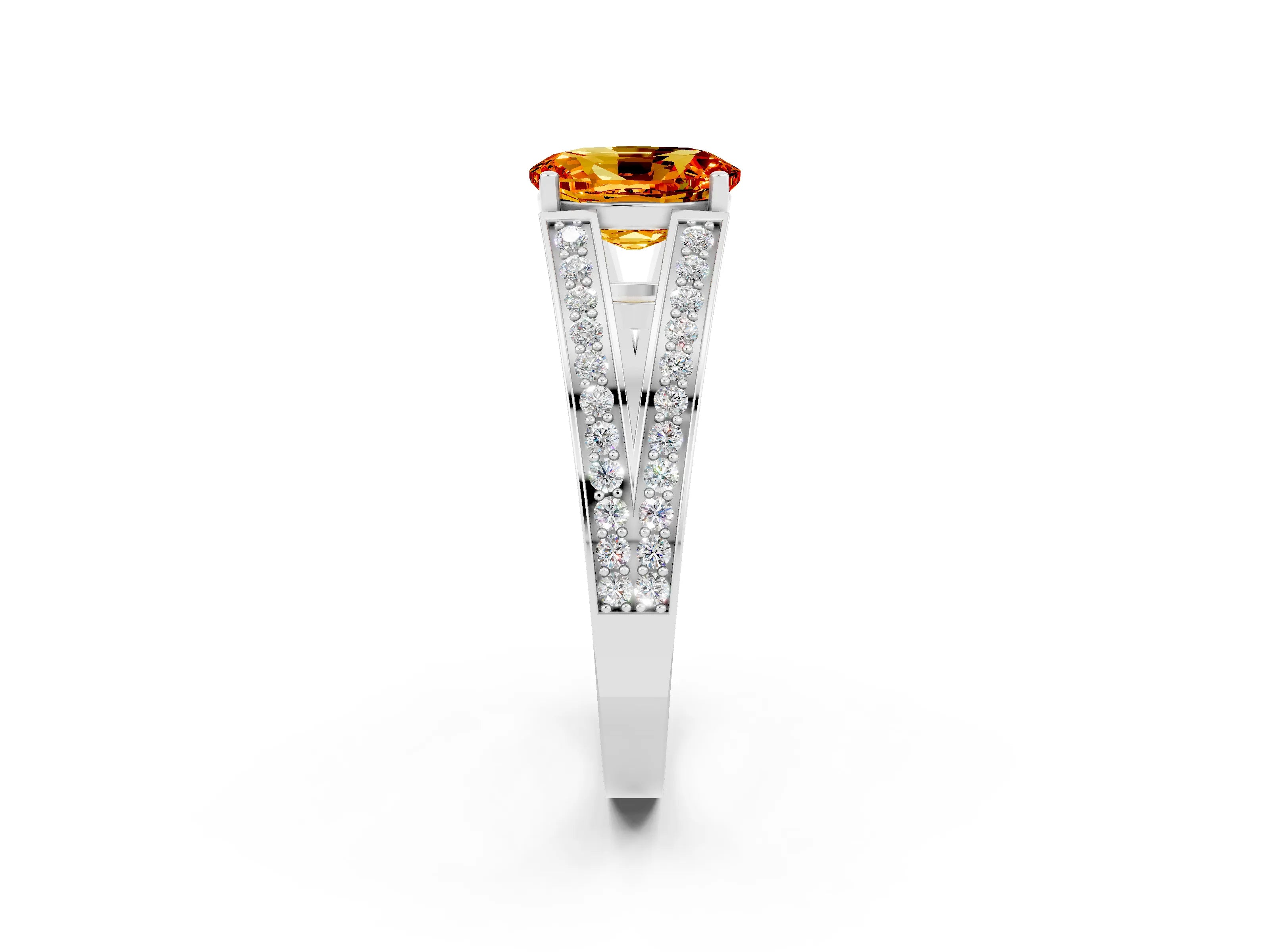White gold Oval Cut Citrine Split Shank Ring with Pavé Band and Four-Prong Setting_2