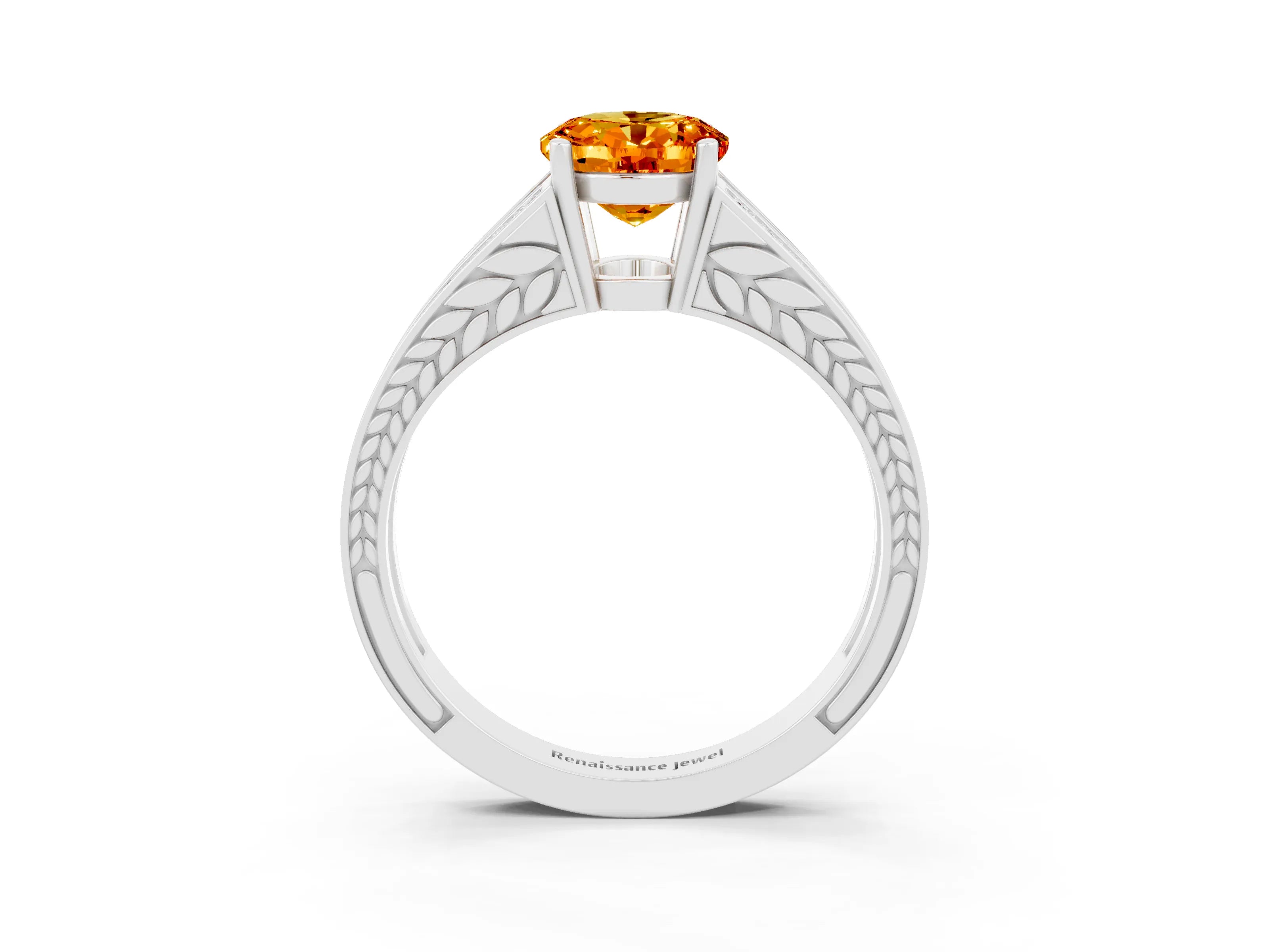 White gold Oval Cut Citrine Split Shank Ring with Pavé Band and Four-Prong Setting_3