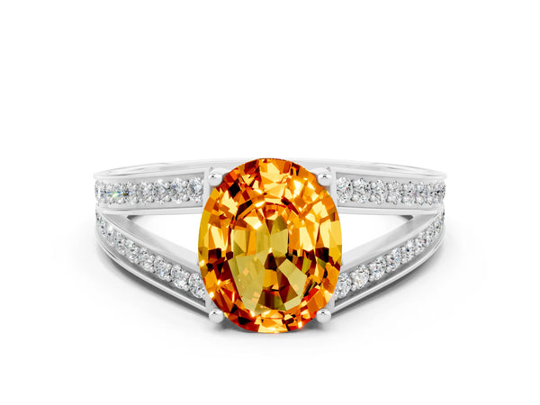Silver Oval Cut Citrine Split Shank Ring with Pavé Band and Four-Prong Setting