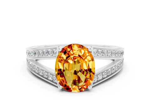 White gold Oval Cut Citrine Split Shank Ring with Pavé Band and Four-Prong Setting