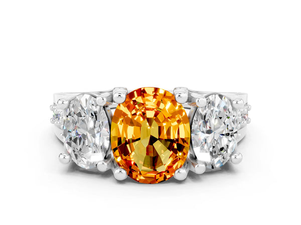 Platinum Oval Cut Citrine Three-Stone Ring with Channel Set Band and Four-Prong Setting