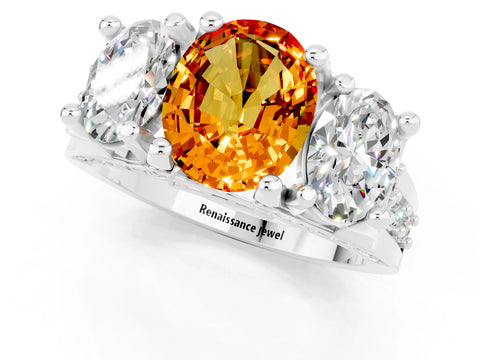 White gold Oval Cut Citrine Three-Stone Ring with Channel Set Band and Four-Prong Setting_1