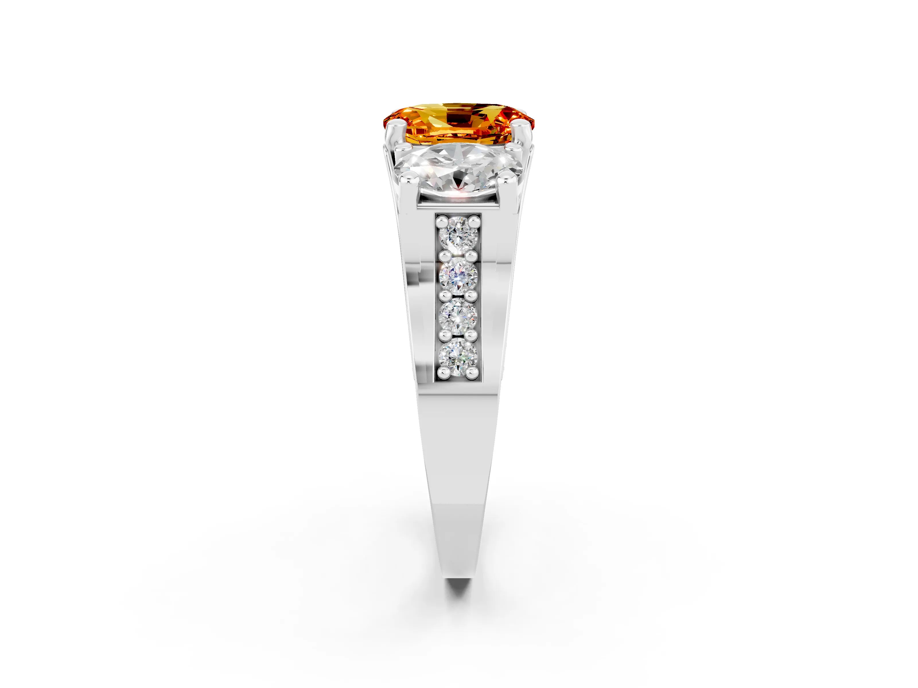 White gold Oval Cut Citrine Three-Stone Ring with Channel Set Band and Four-Prong Setting_2