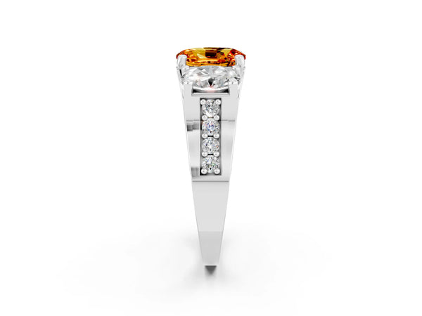 White gold Oval Cut Citrine Three-Stone Ring with Channel Set Band and Four-Prong Setting