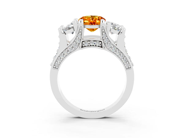 Silver Oval Cut Citrine Three-Stone Ring with Channel Set Band and Four-Prong Setting