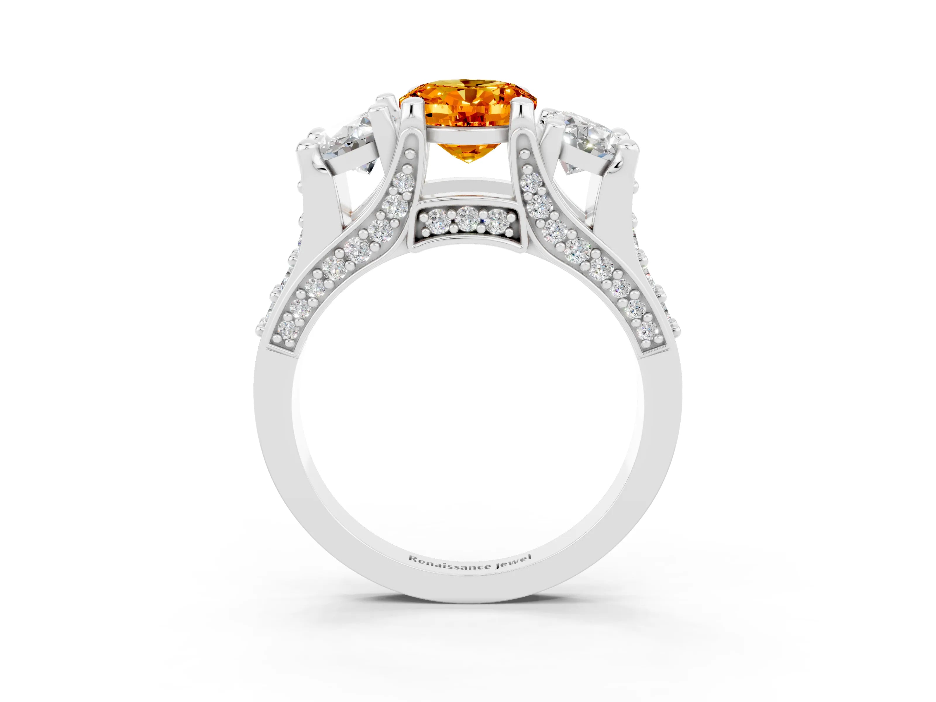 White gold Oval Cut Citrine Three-Stone Ring with Channel Set Band and Four-Prong Setting_3