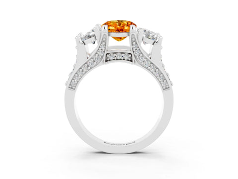 White gold Oval Cut Citrine Three-Stone Ring with Channel Set Band and Four-Prong Setting_3