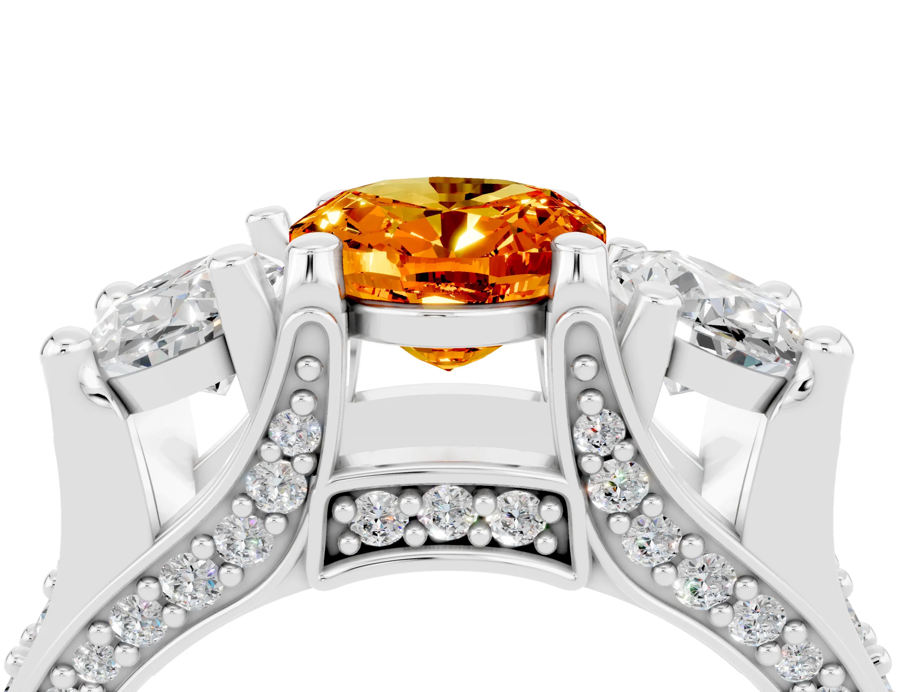 White gold Oval Cut Citrine Three-Stone Ring with Channel Set Band and Four-Prong Setting_4