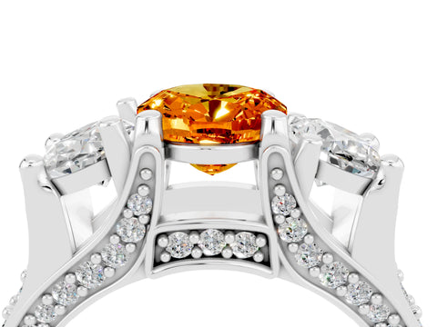White gold Oval Cut Citrine Three-Stone Ring with Channel Set Band and Four-Prong Setting_4