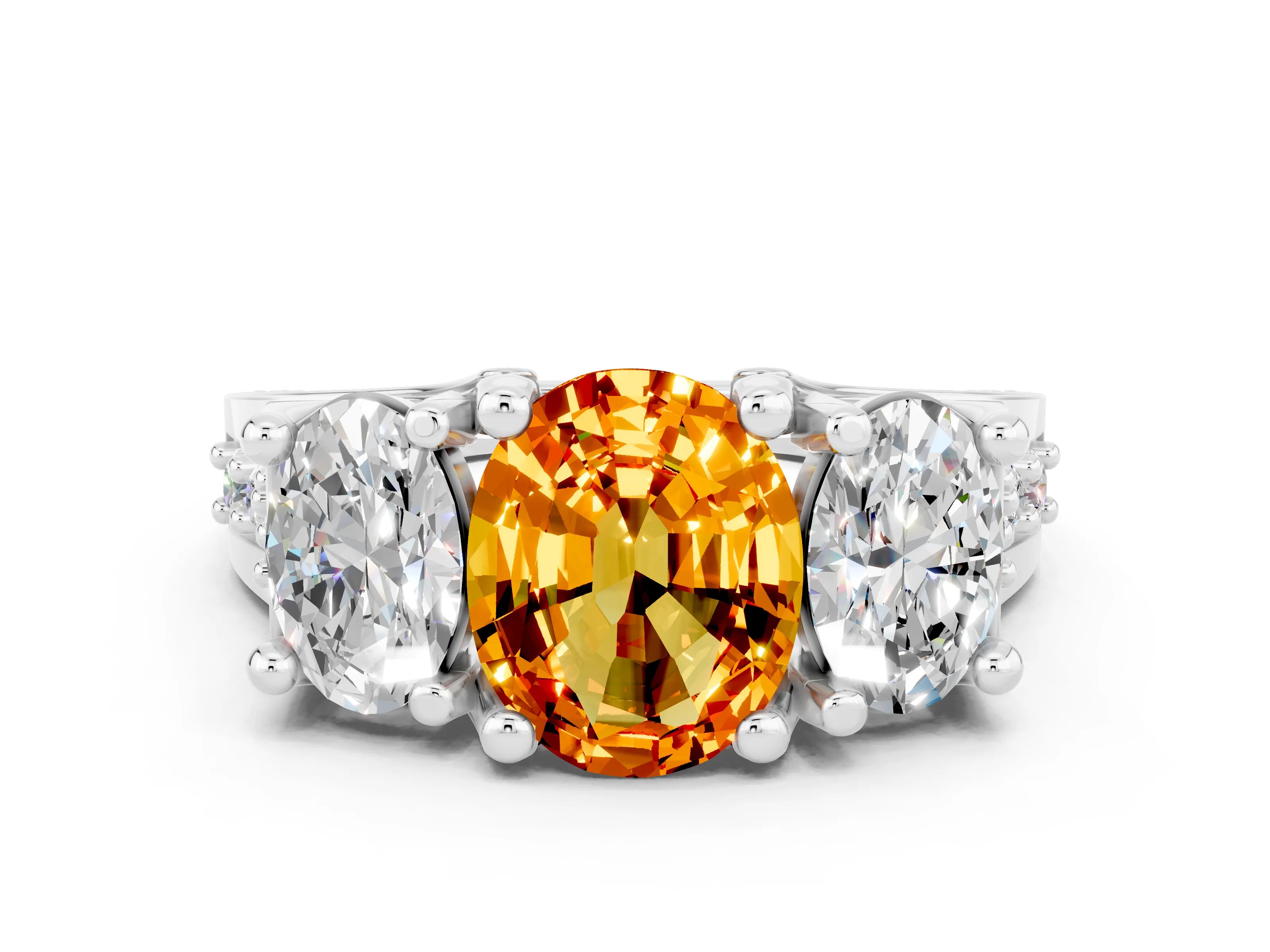 White gold Oval Cut Citrine Three-Stone Ring with Channel Set Band and Four-Prong Setting