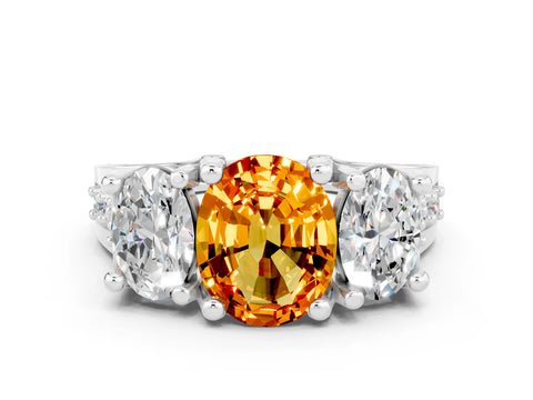 White gold Oval Cut Citrine Three-Stone Ring with Channel Set Band and Four-Prong Setting