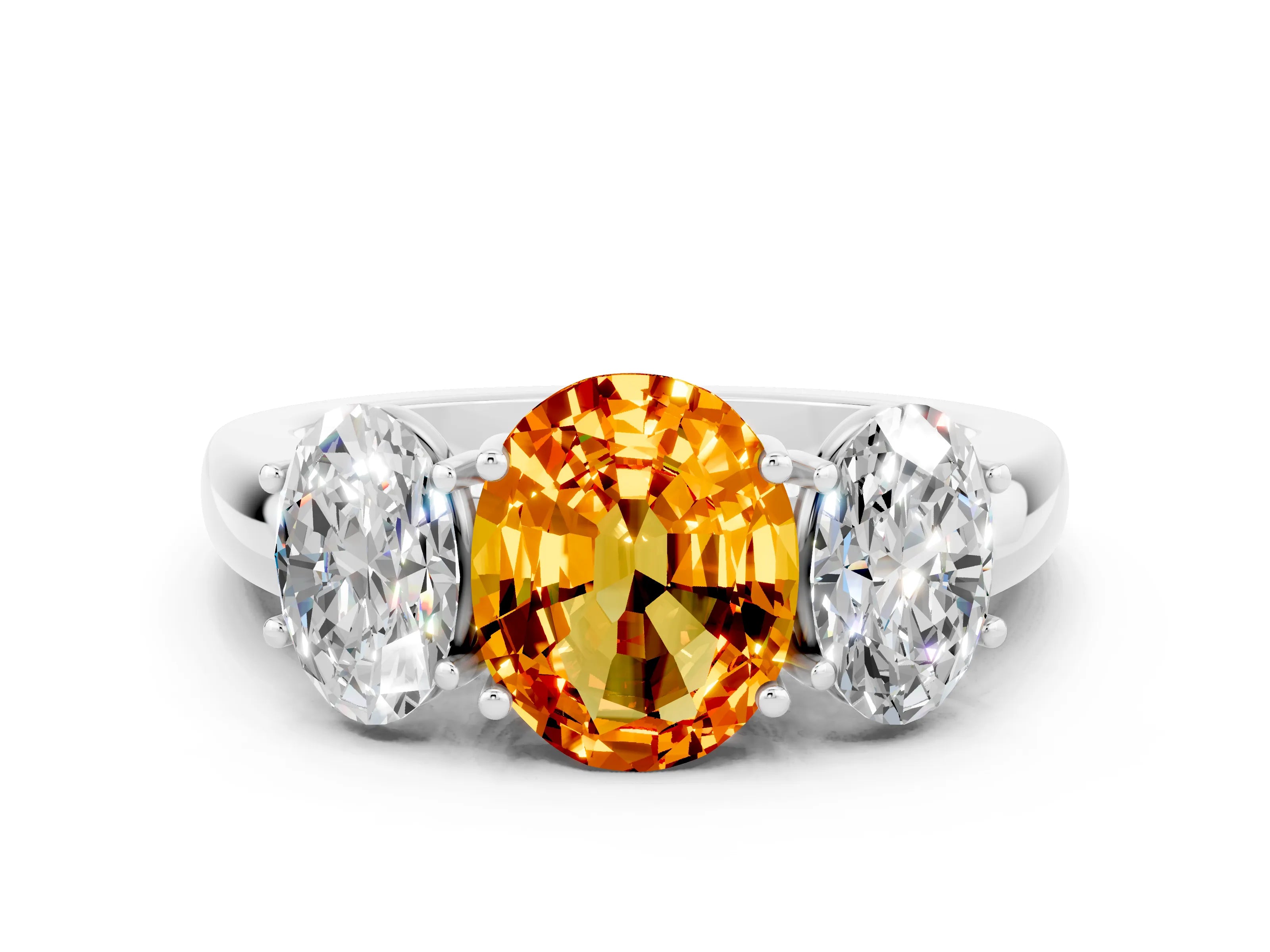 White gold Oval Cut Citrine Three-Stone Ring with Four-Prong Setting and Classic Band