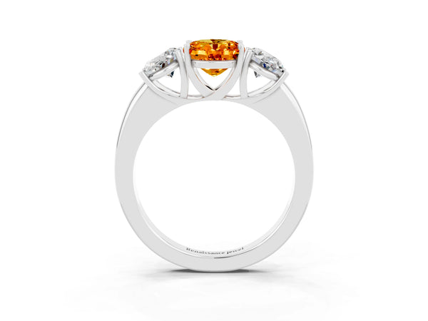 Silver Oval Cut Citrine Three-Stone Ring with Four-Prong Setting and Classic Band