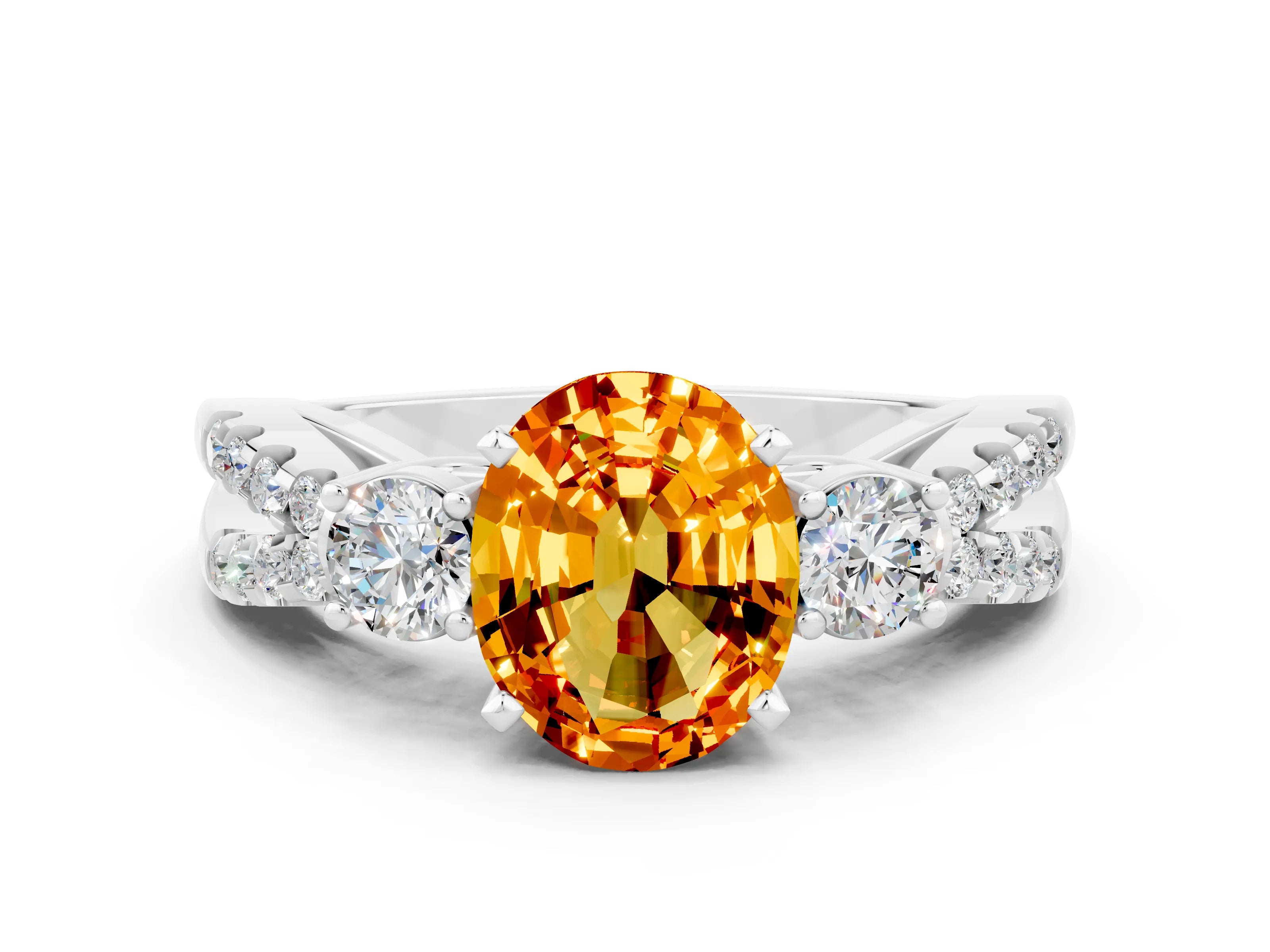 White gold Oval Cut Citrine Three-Stone Ring with Pavé Split Shank and Four-Prong Setting_12