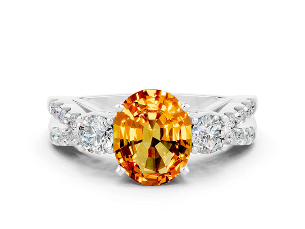 Platinum Oval Cut Citrine Three-Stone Ring with Pavé Split Shank and Four-Prong Setting