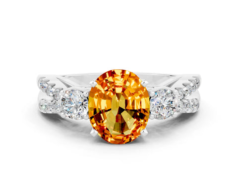 White gold Oval Cut Citrine Three-Stone Ring with Pavé Split Shank and Four-Prong Setting_12