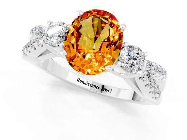 White gold Oval Cut Citrine Three-Stone Ring with Pavé Split Shank and Four-Prong Setting