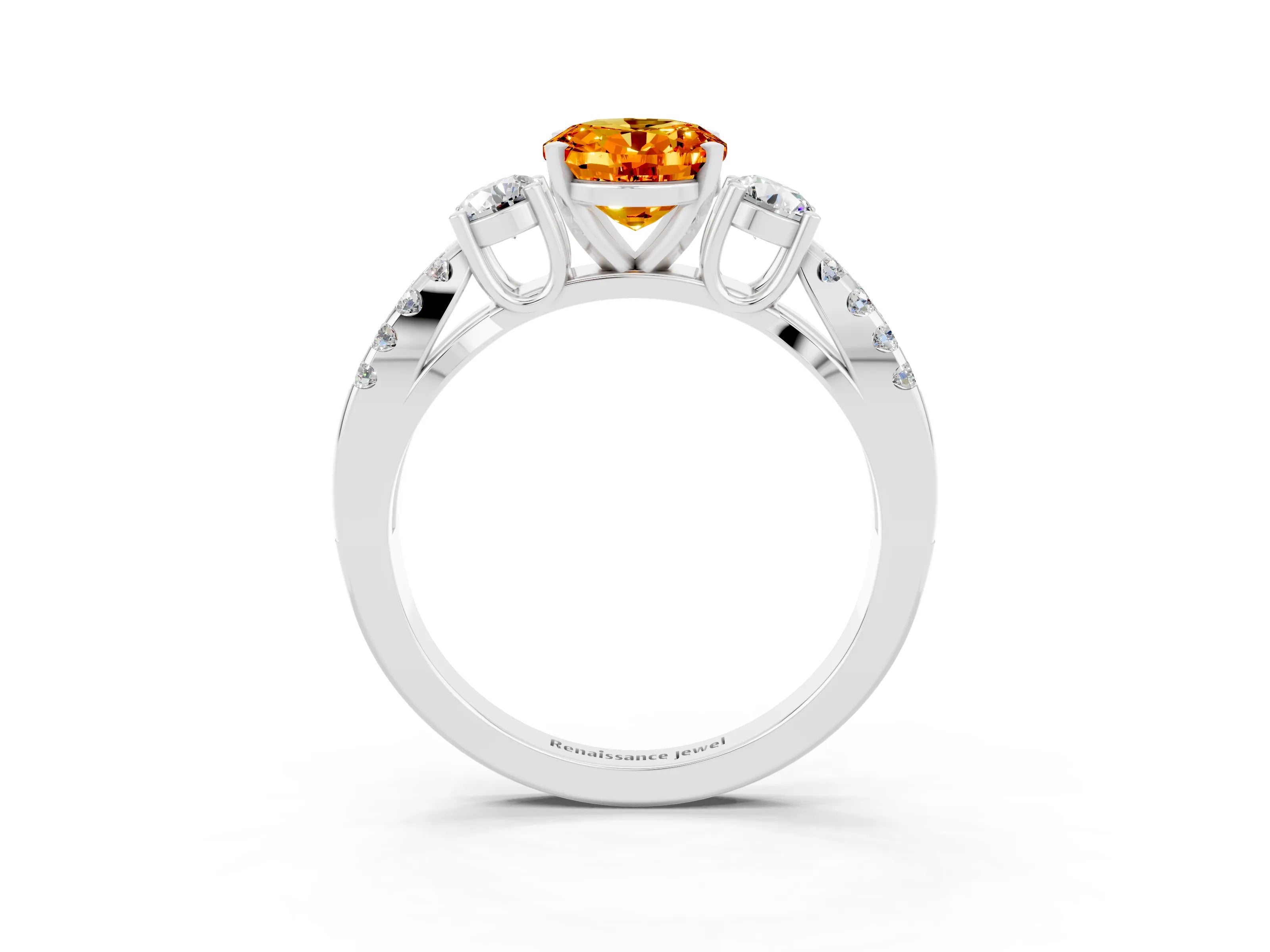 White gold Oval Cut Citrine Three-Stone Ring with Pavé Split Shank and Four-Prong Setting_15
