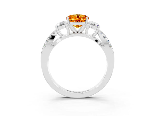 White gold Oval Cut Citrine Three-Stone Ring with Pavé Split Shank and Four-Prong Setting