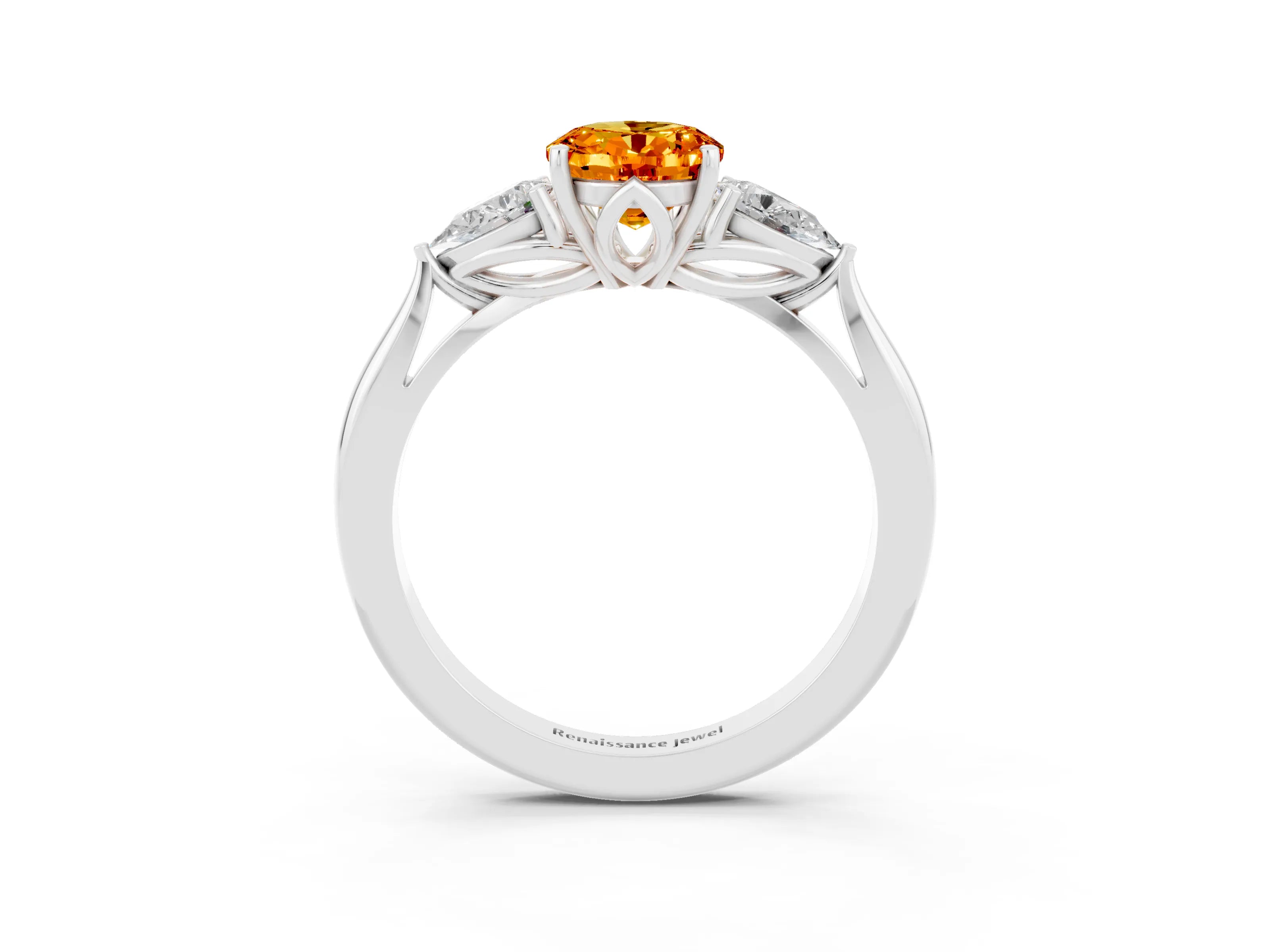 White gold Oval Cut Citrine Three-Stone Ring with Pear Side Stones and Four-Prong Setting_15