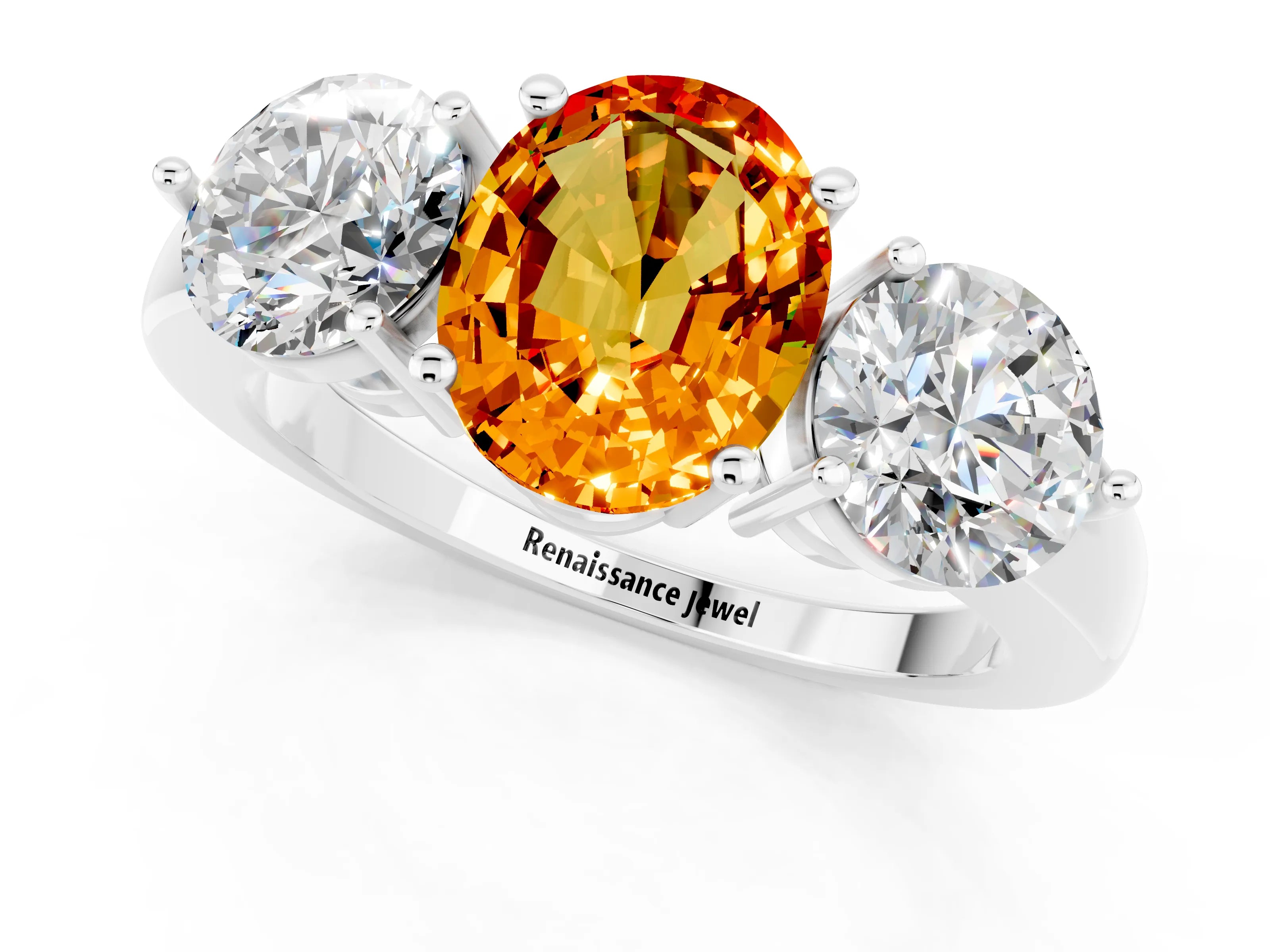 White gold Oval Cut Citrine Three-Stone Ring with Prong Setting and Classic Band_1