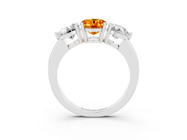 Silver Oval Cut Citrine Three-Stone Ring with Prong Setting and Classic Band