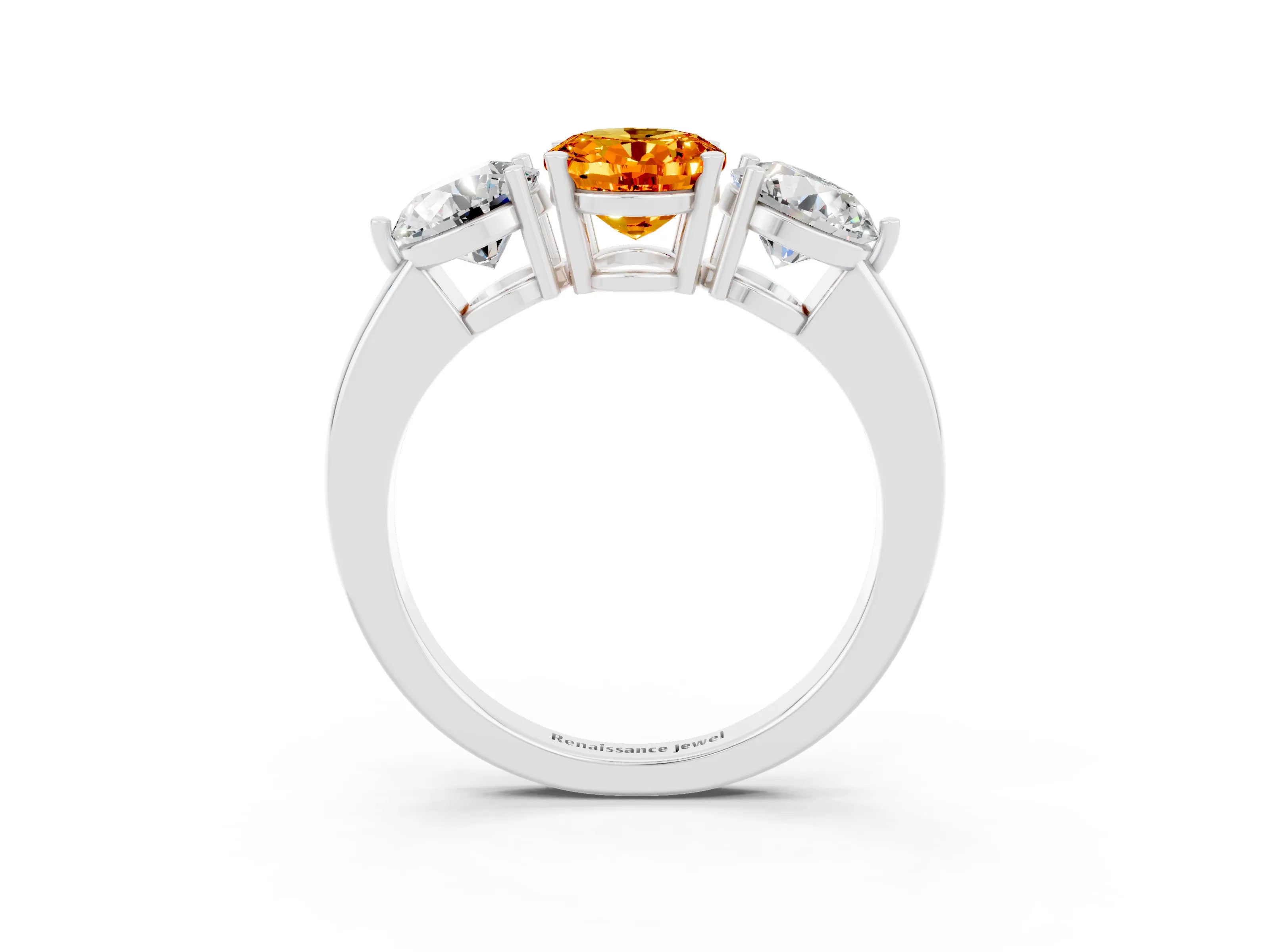 White gold Oval Cut Citrine Three-Stone Ring with Prong Setting and Classic Band_3