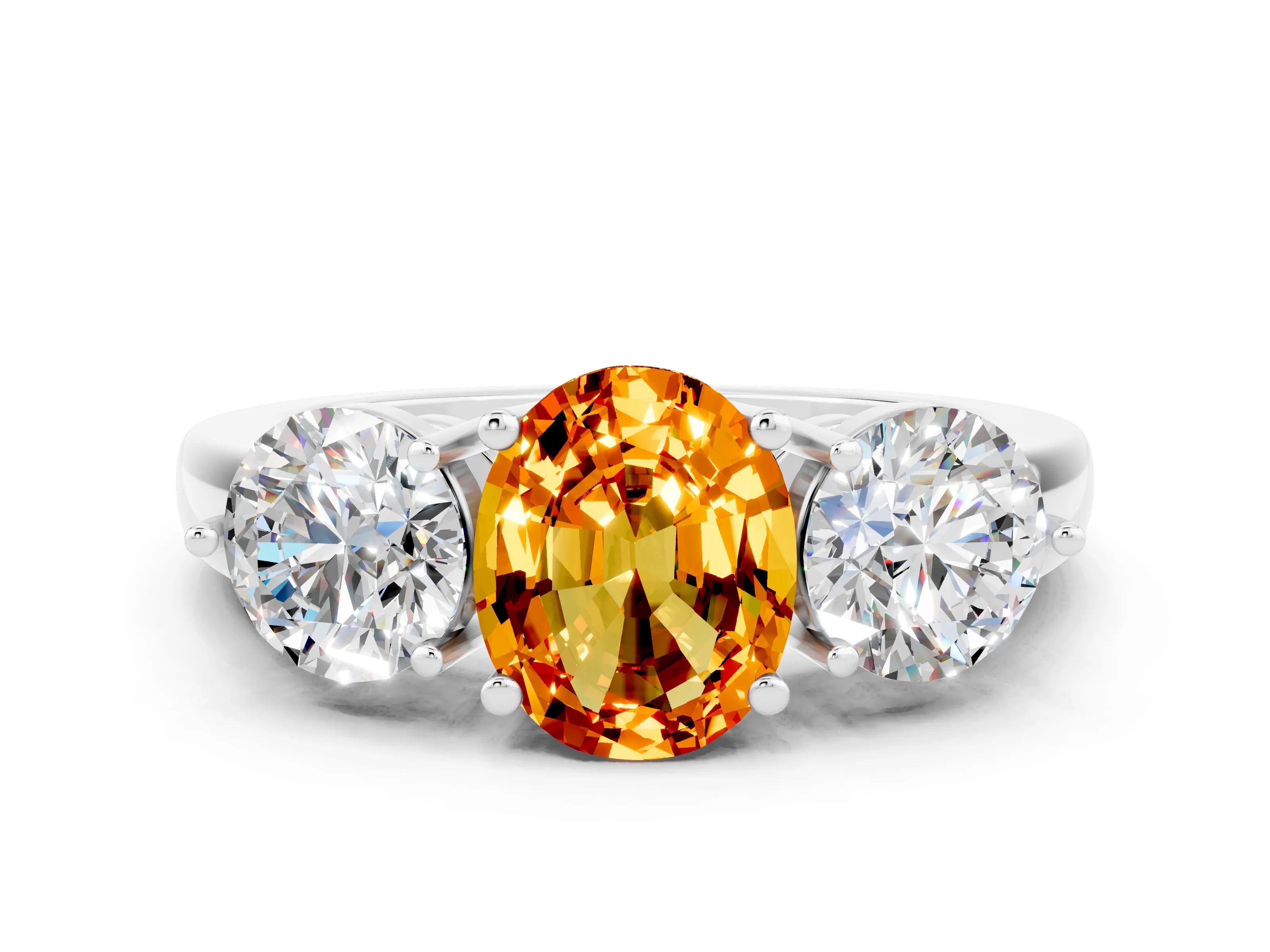 White gold Oval Cut Citrine Three-Stone Ring with Prong Setting and Classic Band