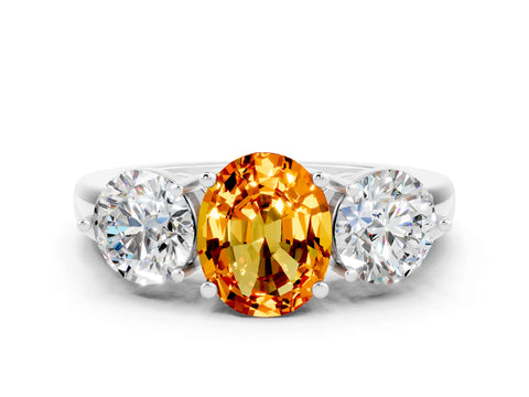 White gold Oval Cut Citrine Three-Stone Ring with Prong Setting and Classic Band