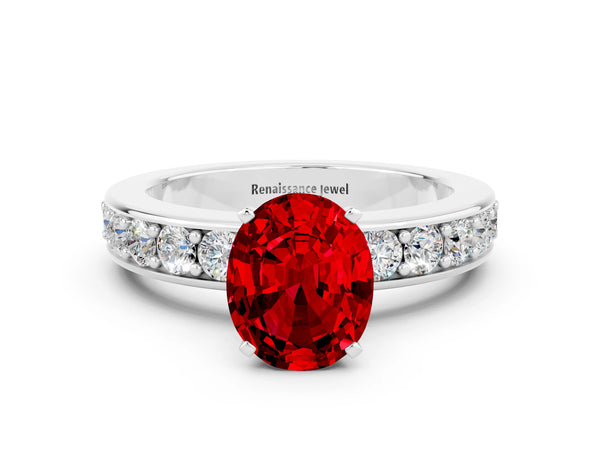 Platinum Oval Cut Ruby Engagement Ring with Channel Set Round  Band and Prong Setting