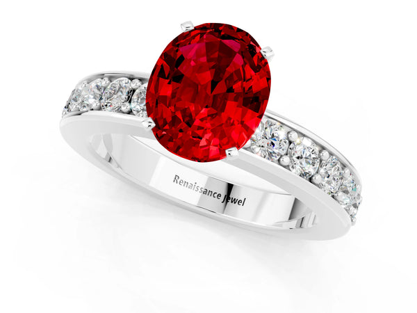 Platinum Oval Cut Ruby Engagement Ring with Channel Set Round  Band and Prong Setting