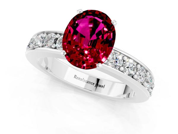 White gold Oval Cut Garnet Engagement Ring with Channel Set Round  Band and Prong Setting