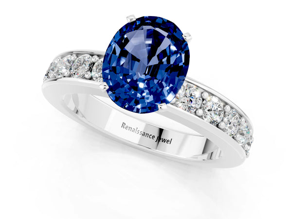 White gold Oval Cut Blue Sapphire Engagement Ring with Channel Set Round  Band and Prong Setting