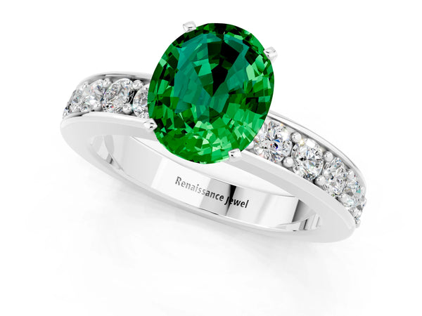 Silver Oval Cut Emerald Engagement Ring with Channel Set Round  Band and Prong Setting