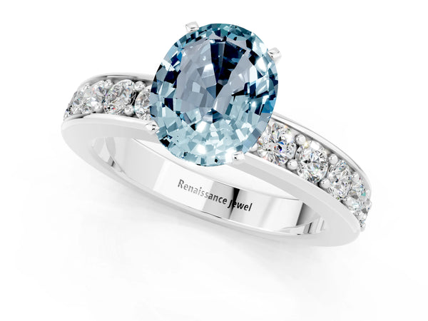 Platinum Oval Cut Aquamarine Engagement Ring with Channel Set Round  Band and Prong Setting