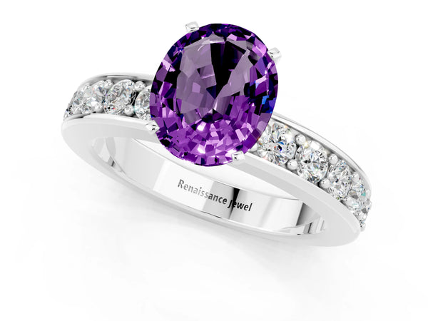 Silver Oval Cut Amethyst Engagement Ring with Channel Set Round  Band and Prong Setting