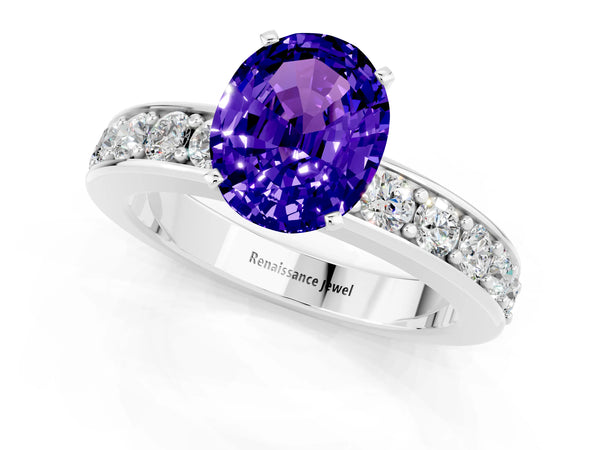 Platinum Oval Cut Tanzanite Engagement Ring with Channel Set Round  Band and Prong Setting