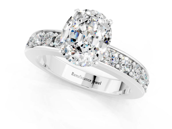 Platinum Oval Cut Moissanite Engagement Ring with Channel Set Round  Band and Prong Setting
