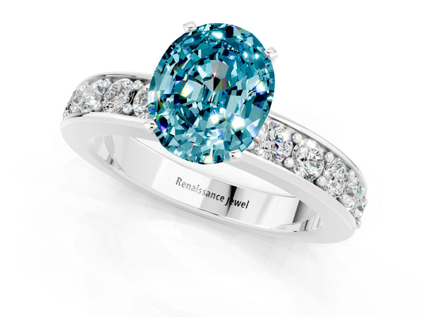 White gold Oval Cut Blue Topaz Engagement Ring with Channel Set Round  Band and Prong Setting