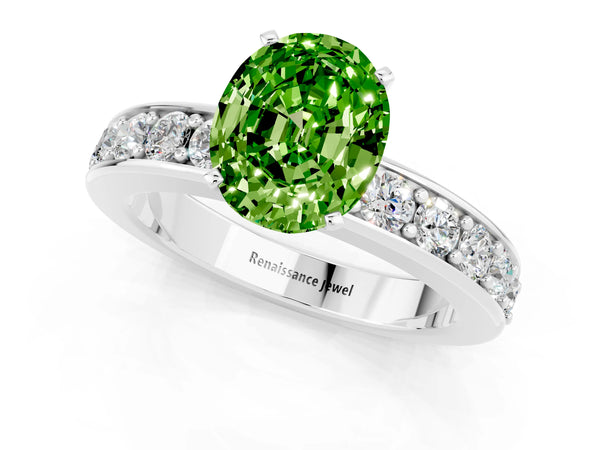 Silver Oval Cut Peridot Engagement Ring with Channel Set Round  Band and Prong Setting