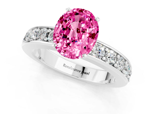 Platinum Oval Cut Pink Sapphire Engagement Ring with Channel Set Round  Band and Prong Setting