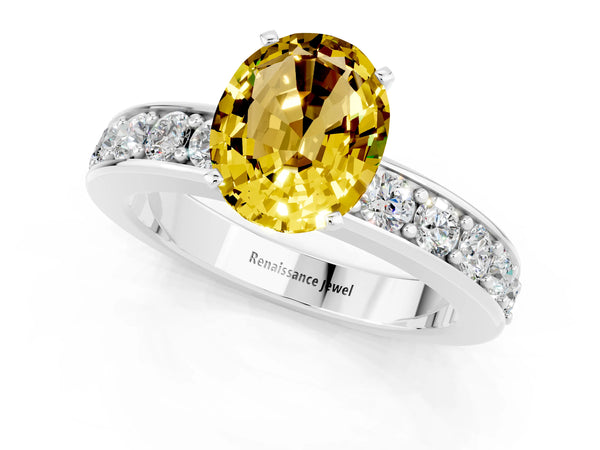 Silver Oval Cut Yellow Sapphire Engagement Ring with Channel Set Round  Band and Prong Setting