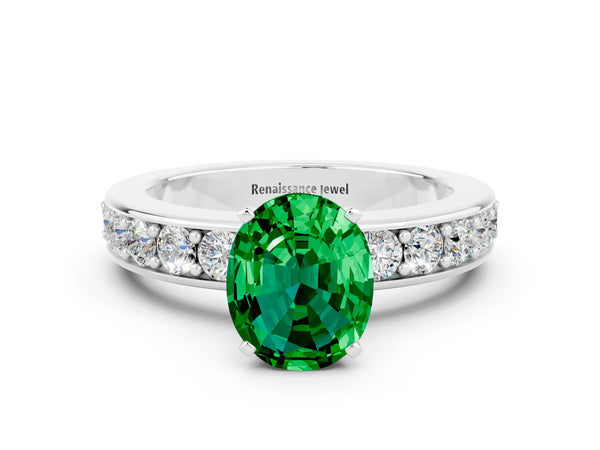 Platinum Oval Cut Emerald Engagement Ring with Channel Set Round  Band and Prong Setting