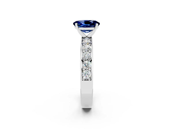 White gold Oval Cut Blue Sapphire Engagement Ring with Channel Set Round  Band and Prong Setting